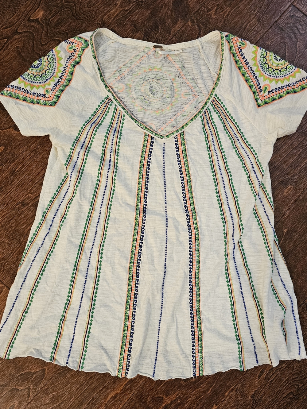 Free People Short Sleeve V-Neck Top with Green, Blue & Orange Details